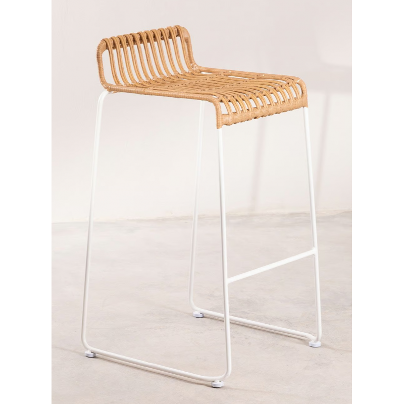 Tabouret haut Riviera - en rotin, pieds métal blanc